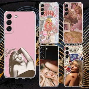 Clear silicone phone case featuring Sabrina Carpenter’s Short n Sweet design for Samsung S30, S23, S21, and more.