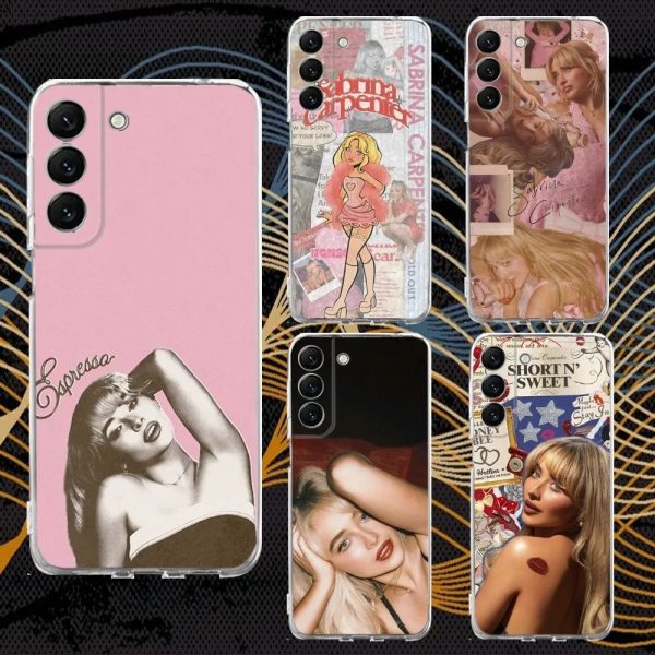 Clear silicone phone case featuring Sabrina Carpenter’s Short n Sweet design for Samsung S30, S23, S21, and more.