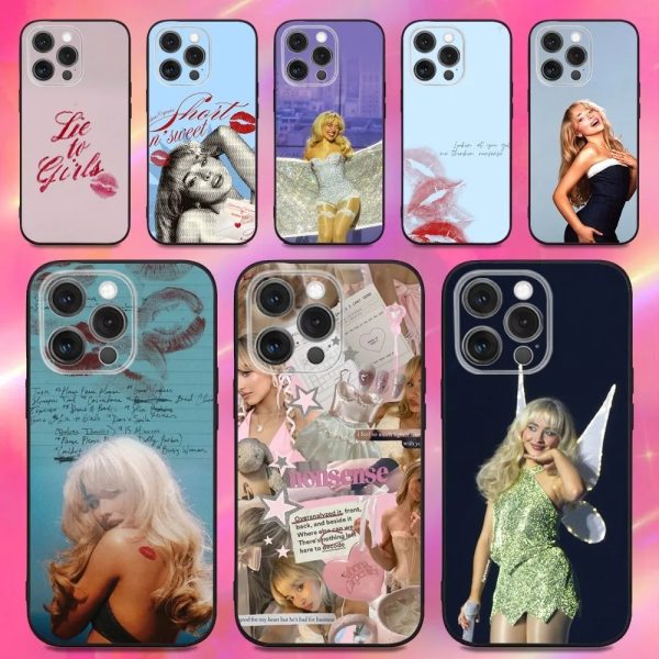 Sabrina Carpenter phone case for iPhone 16, 15, 14, 13, 12, 11, Pro, Max, Plus, Mini – Black Soft Silicone Case