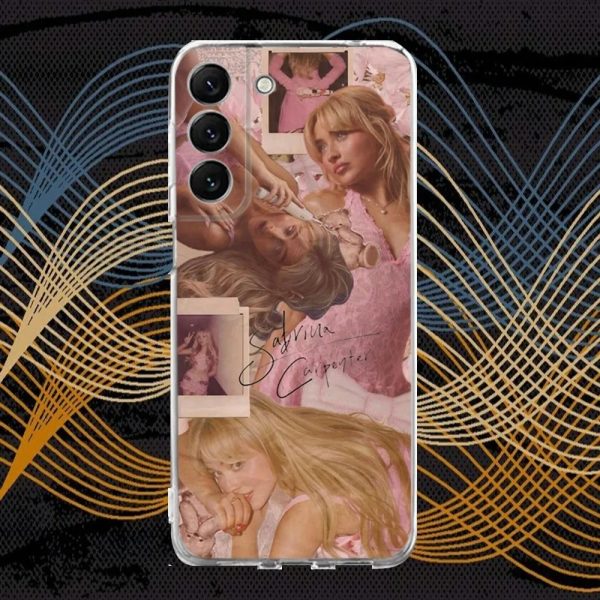 Clear silicone phone case featuring Sabrina Carpenter’s Short n Sweet design for Samsung S30, S23, S21, and more.