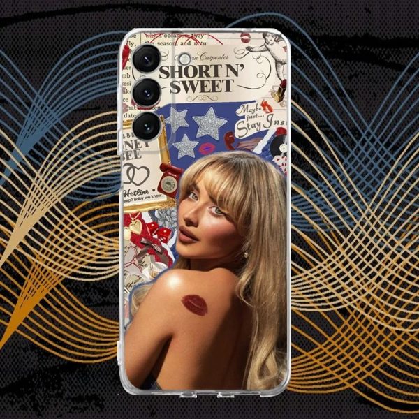 Clear silicone phone case featuring Sabrina Carpenter’s Short n Sweet design for Samsung S30, S23, S21, and more.
