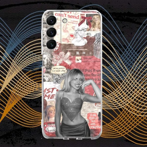 Clear silicone phone case featuring Sabrina Carpenter’s Short n Sweet design for Samsung S30, S23, S21, and more.