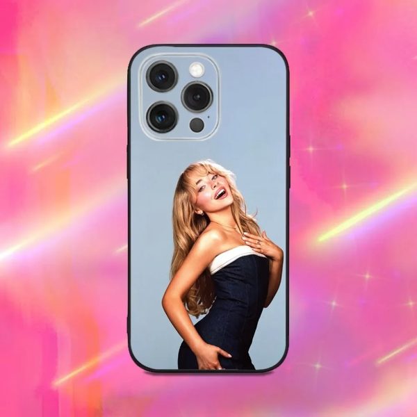 Sabrina Carpenter phone case for iPhone 16, 15, 14, 13, 12, 11, Pro, Max, Plus, Mini – Black Soft Silicone Case
