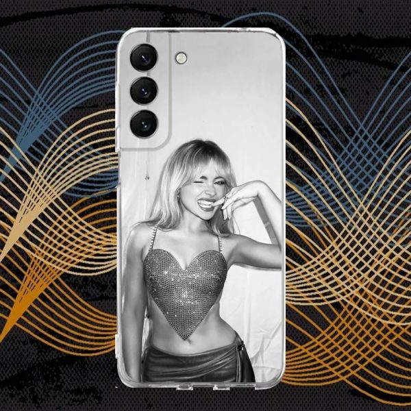 Clear silicone phone case featuring Sabrina Carpenter’s Short n Sweet design for Samsung S30, S23, S21, and more.