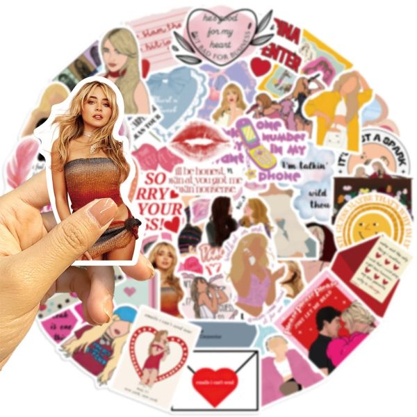 Sabrina Carpenter album stickers, waterproof, DIY, perfect for skateboard, guitar, laptop, and music lovers