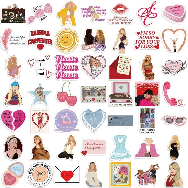Sabrina Carpenter album stickers, waterproof, DIY, perfect for skateboard, guitar, laptop, and music lovers