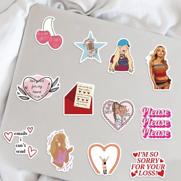 Sabrina Carpenter album stickers, waterproof, DIY, perfect for skateboard, guitar, laptop, and music lovers