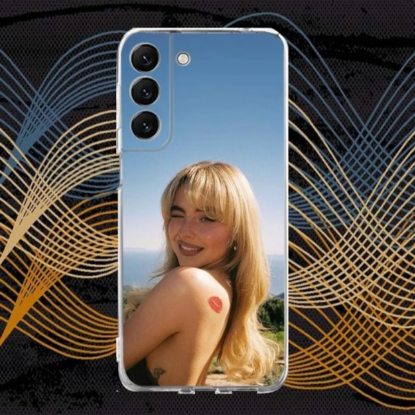 Clear silicone phone case featuring Sabrina Carpenter’s Short n Sweet design for Samsung S30, S23, S21, and more.