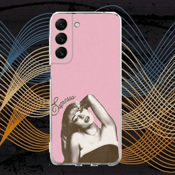 Clear silicone phone case featuring Sabrina Carpenter’s Short n Sweet design for Samsung S30, S23, S21, and more.