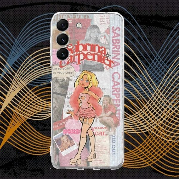 Clear silicone phone case featuring Sabrina Carpenter’s Short n Sweet design for Samsung S30, S23, S21, and more.