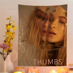 Colorful Sabrina Carpenter tapestry wall decor with hippie flower design, perfect for dorm rooms and Japanese-inspired aesthetics.